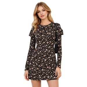 Ditsy Floral Babydoll Mini Dress Layered Long Sleeve Soft Grunge Cottagecore M